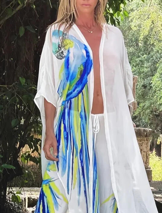 White Parrot Print Kimono